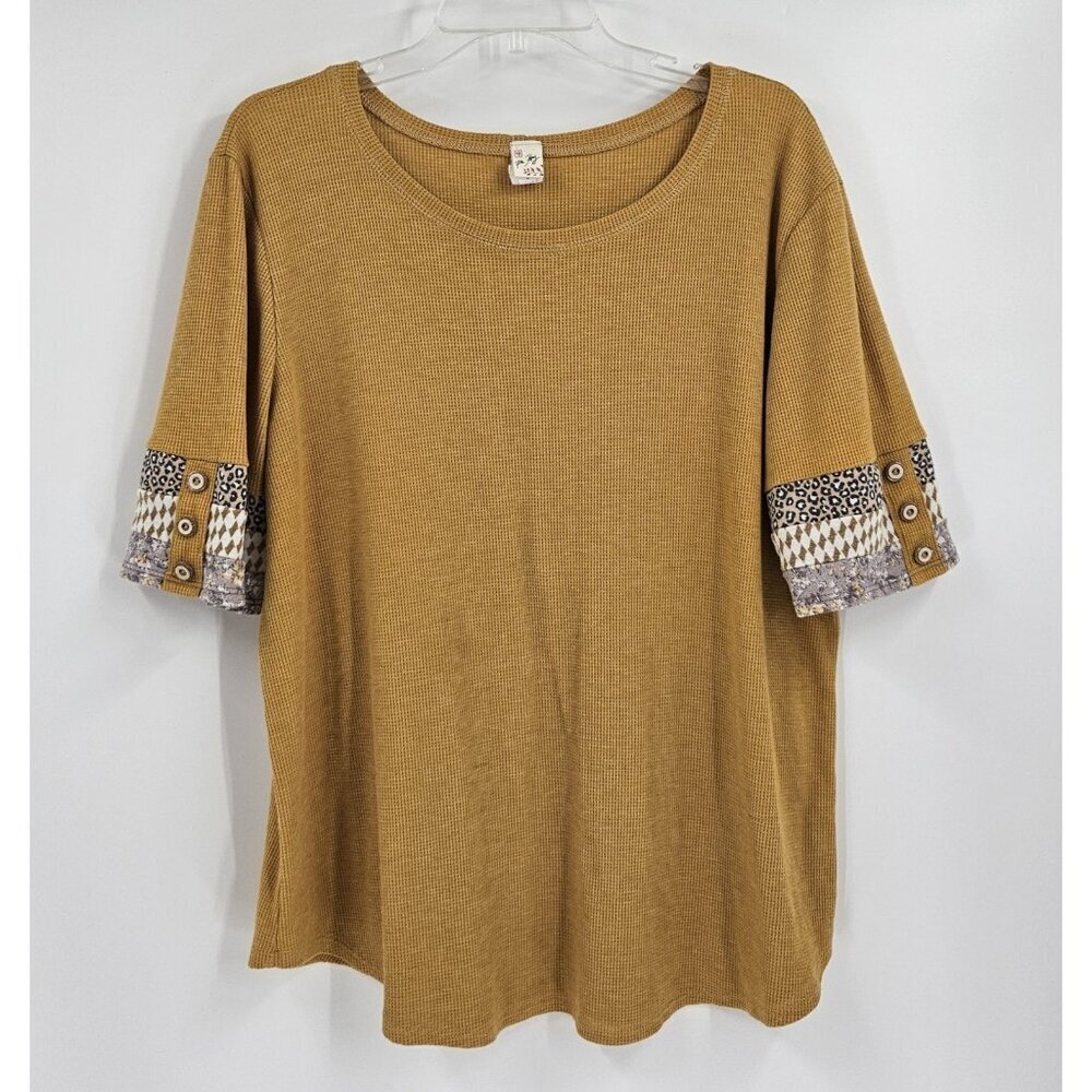 7th Ray Mustard Waffle Knit Top Patchwork Button Sleeve Boho Size 3X